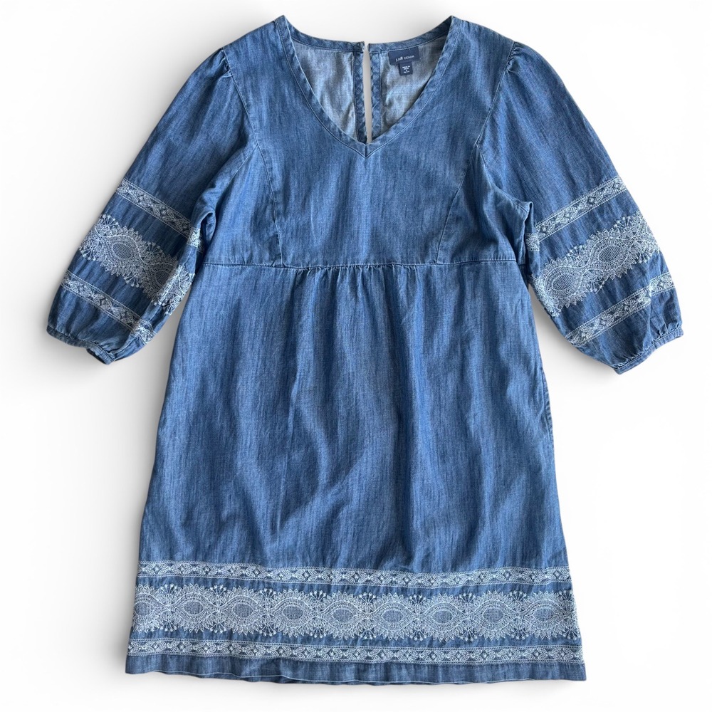 J. Jill Petite Sm Blue Denim Embroidered 3/4 Sleeve Pockets v-Neck Peasant Dress